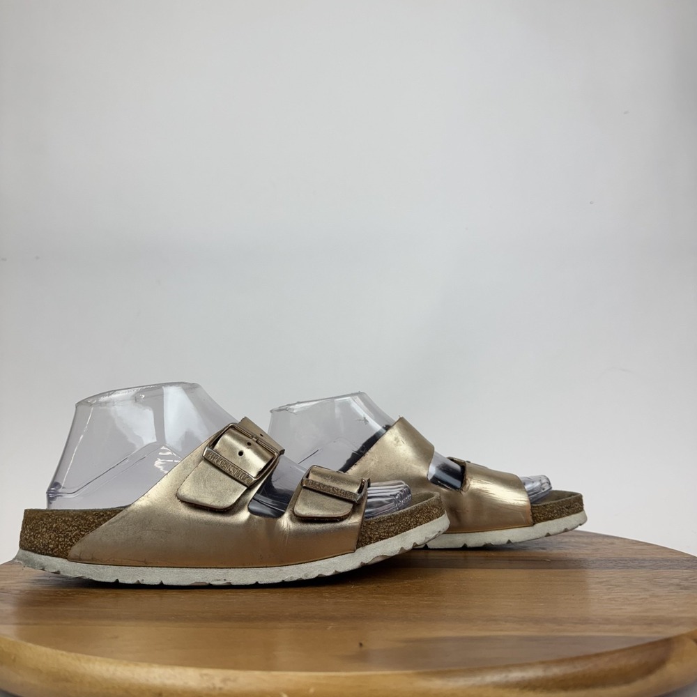 Womens Birkenstock Arizona Metallic Leather Soft Footbed Slide Sandal Size EU 38
